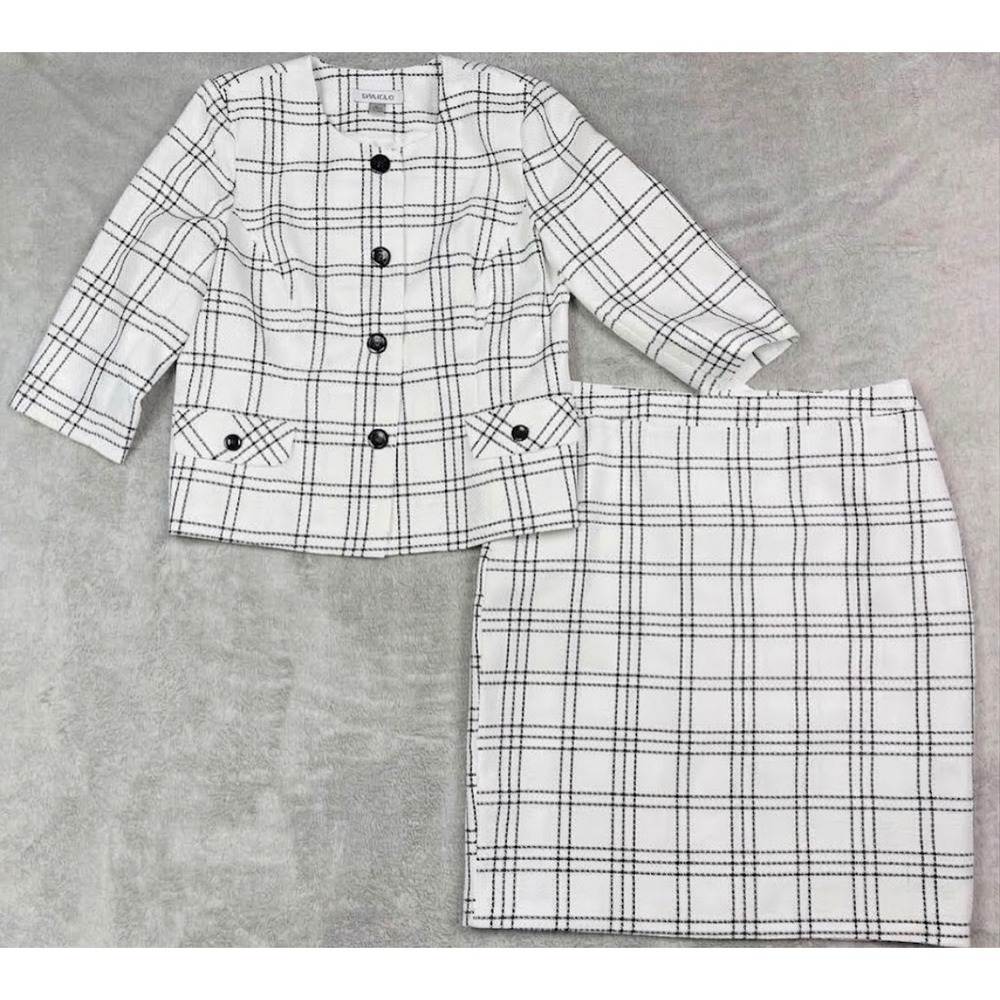 ⁠Danillo Womens Skirt Suit Set Size 14 White Black Grid Plaid Blazer Knee Skirt⁠